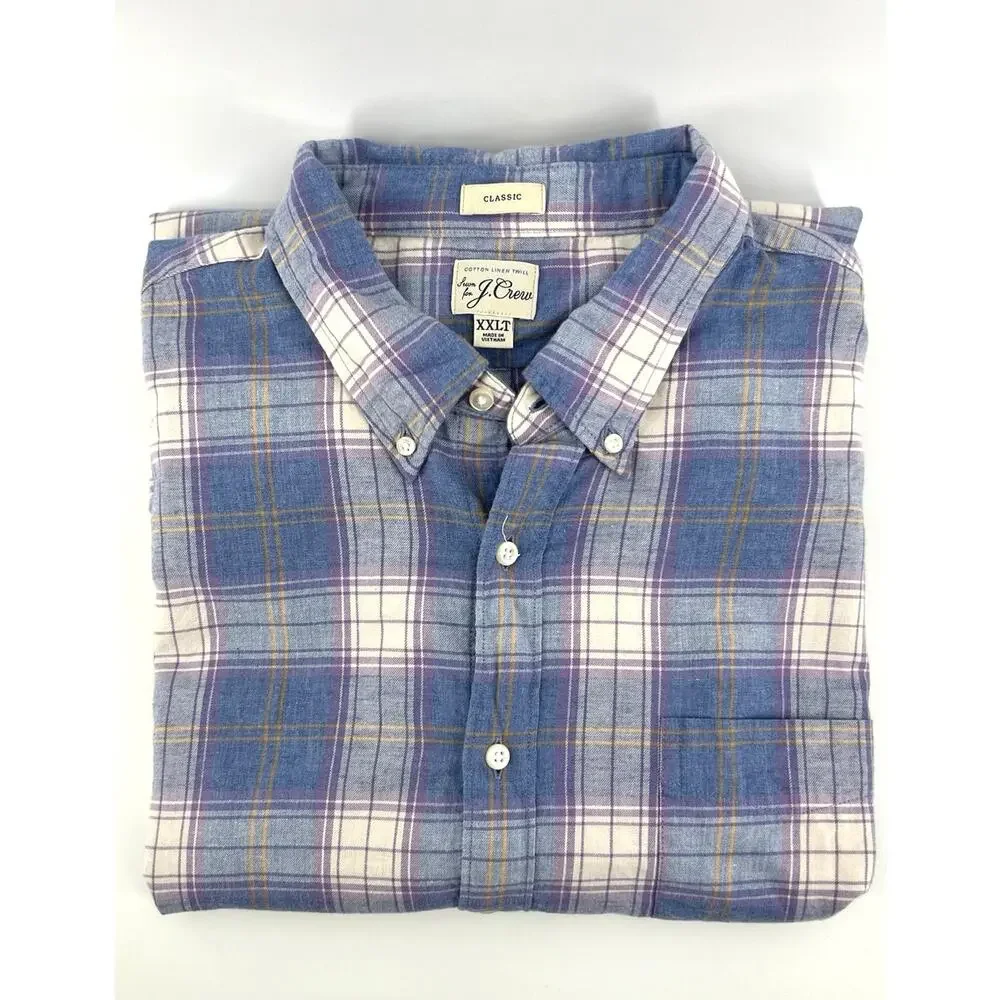 J.Crew Classic Cotton Linen Twill Button Down Shirt Men's Size XXLT Blue Purple